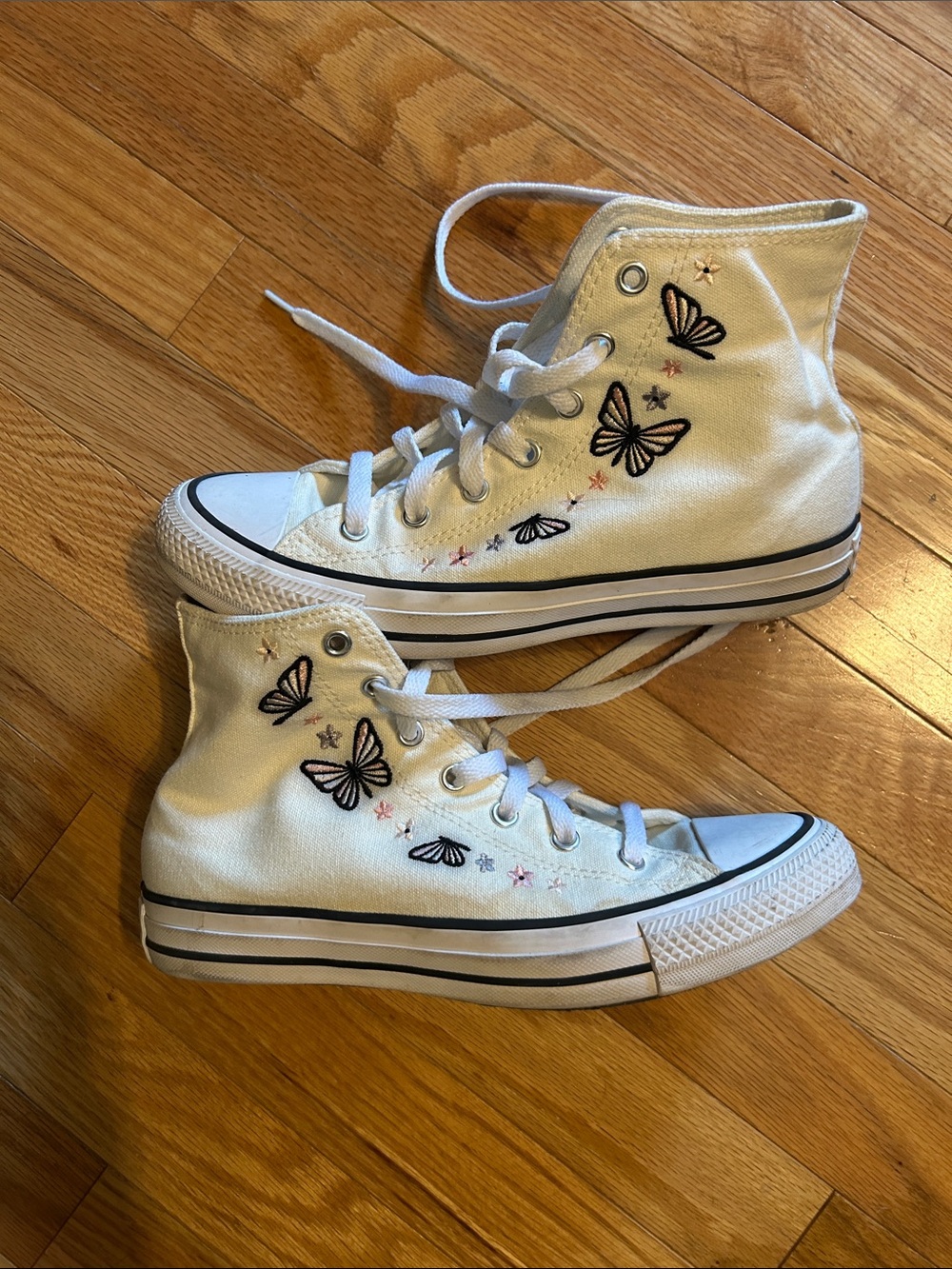 Converse Kids or Women’s Cream High-Top Sneakers, Butterfly Embroidery.